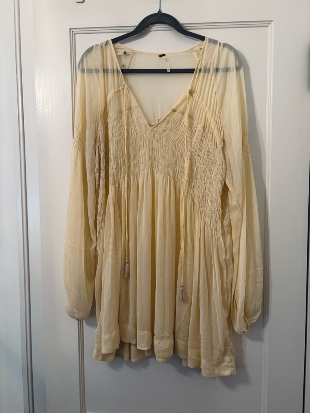 Free People Cream Gauze Smocked V-Neck Tunic